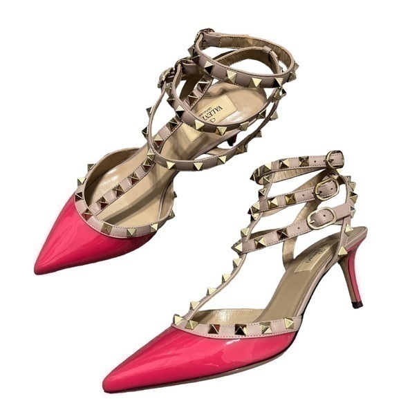 Valentino Garavani Shoes - Valentino Garavani Caged Rockstud Fuchsia Pink Patent Leather Kitten Heels 38.5